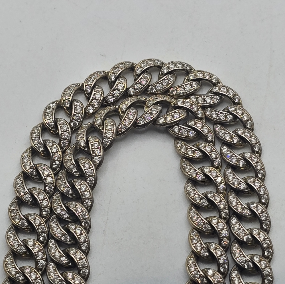 Unisex Sterling Silver Crystal Encrusted Cuban Chain Necklace - Picture 7 of 7